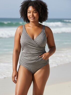 Penbrooke Taupe Krinkle Mock Surplice Neck Tummy Control Swimsuit NWT 26W